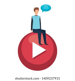 young man seated in play button with speech bubble