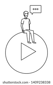 young man seated in play button with speech bubble