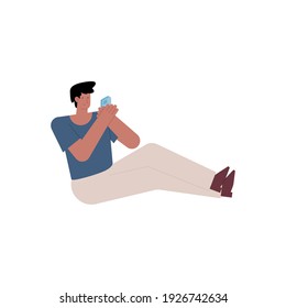 young man seated using smartphone character vector illustration design