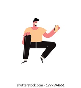 young man seated using smartphone character