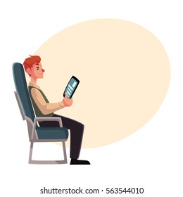 Young man seating in airplane, economy class, holding a tablet or e-book, cartoon vector on background with place for text. 