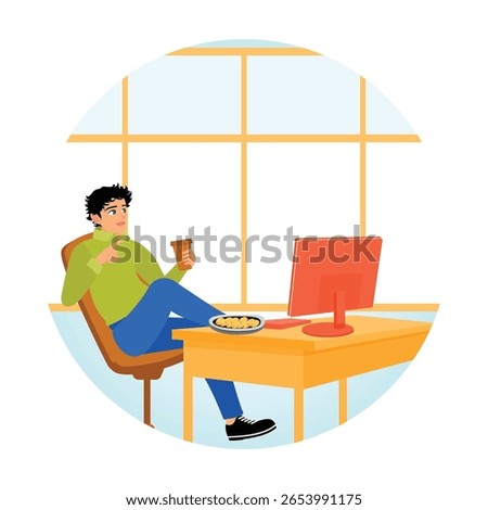 A young man is seen relaxing and working at his desk with snacks and coffee while using his computer. People eating concept.