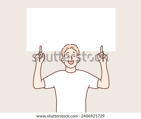 young man sees amazing thing up. Hand drawn style vector design illustrations.