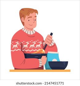 Young Man in Self-isolation Cooking Whisking Eggs in Bowl Vector Illustration