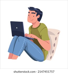 Joven autoaislado con portátil sentado en la ilustración de un vector de cama
