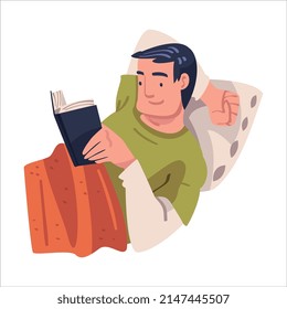 Young Man in Self-isolation Lying on Pillow and Reading Book Vector Illustration