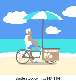 Young man sells ice cream on a Bicycle on the beach