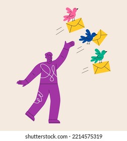 Young man sending a mail through a pigeon. Communication concept. Colorful vector illustration
