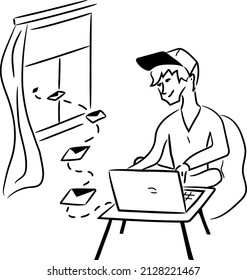 Young man sending messages from home. Remote control. Home work. Comfortable place.