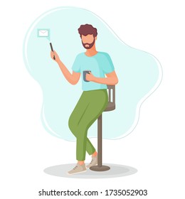 Young man sending messages using smartphone. Online communication, social media or chatting concept. Vector illustration.