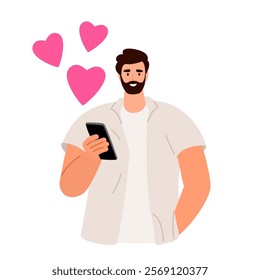 The young man sends love messages. Design of postcard, banner for February 14. Vector illustration of Valentine's Day.