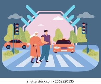Young man and senior with walking stick crossing street together. City or town with cars on road and male character helping elderly woman on crosswalk flat vector illustration. Assistance concept