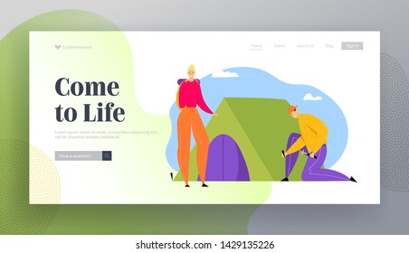 Young Man Set Up Tent for Spending Time at Summer Camp. Woman with Backpack, Tourists Spend Summertime Vacation, Hiking Hobby, Website Landing Page, Web Page. Cartoon Flat Vector Illustration, Banner