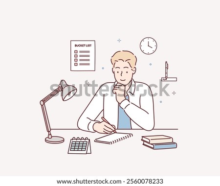 Young man sets the goals for new year concept. Set goals for the New Year. Hand drawn style vector design illustrations.