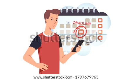 Young man setting deadline day reminder on cell phone app. Scheduling month work looking on mobile. Frowned employee managing tasks before upcoming deadline. Flat vector character concept illustration