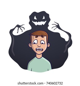 The young man and the shadow monster behind him. Vector illustration on the theme of insomnia, nightmares, fears. Isolated on white background.