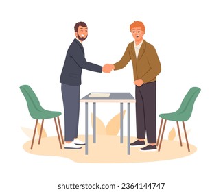 Young man shaking hand to HR after interview. Process of talking with candidates. Human resource management representatives. Vector flat illustration in cartoon style
