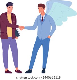 Young man shaking hands with angel. Good business investment deal isolated on white background