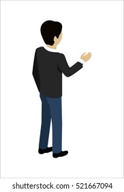 Young man shaking hands. Man with black hair in blue pants and black sweater. Isometric image man standing. Isolated object in flat design on white background.