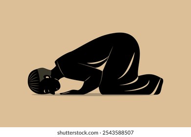 Joven en shalwar kameez realizando Salah, oración islámica, devoción espiritual, cultura musulmana, Ilustración vectorial pacífica, credo, arte religioso.