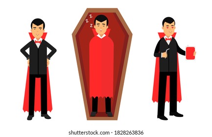 Young Man with Sharp Fangs in Black Suit and Red Cloak Vector Illustration Set