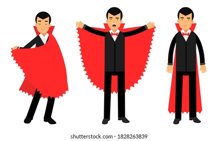 Young Man with Sharp Fangs in Black Suit and Red Cloak Vector Illustration Set
