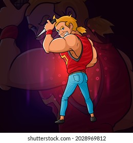 El joven con el afiche del logo del afilado cuchillo