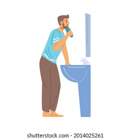 Young man shave beard on face with electric razor in front of mirror in bathroom. Male daily routine hygiene procedure at morning. Flat vector illustration isolated on white.