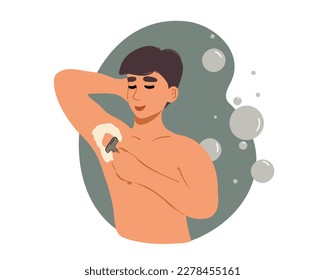 A young man shaves his underarm hair with a razor in his hand, male depilation. Flat vector illustration