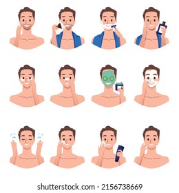 Young Man Shaving And Does Skincare Routine, Flat Vector Illustration Isolated On White Background. Set Of Happy Cartoon Characters Head Applying Masks And Beauty Products.