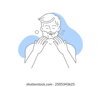 Young man shaving, grooming skincare beauty routine for beard vector illustration