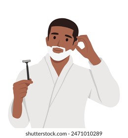 Young man shaving his beard over isolated background having doubts. Flat vector illustration isolated on white background