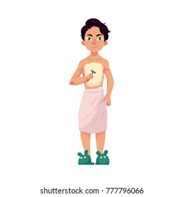 Young man shaving his brest, chest, morning hair removal procedure, cartoon vector illustration isolated on white background. Front view portrait of young man shaving his breast, wrapped in towel