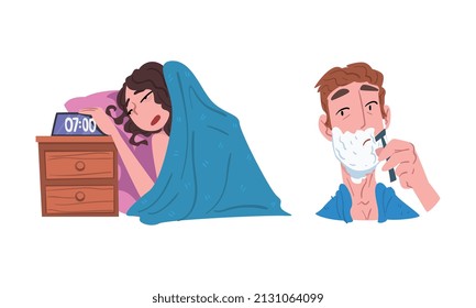 Young Man Shaving and Sleepy Woman Getting Up with Alarm Clock in the Morning Engaged in Daily Routine Activity Vector Set