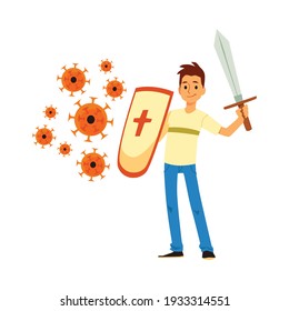 Young man with shield and sword defends himself against viruses and bacterias, flat vector illustration isolated on white background. Immune system resistance.