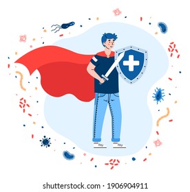 Young man with shield and sword fighting virus, cartoon vector illustration isolated on white background. Metaphor of human immune system protective shield field.