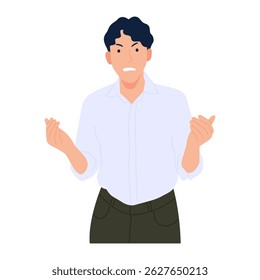 Jovem de camisa com braços estendidos gesto mostrando expressão confusa, intrigada, duvidosa. Ilustração vetorial isolada sobre fundo branco.
