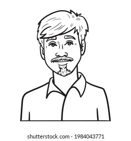 young man with shirt and beard. comic drawing, outline, monochrome.