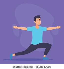 Young man in shirt demonstrating yoga pose, showcasing balance and flexibility. Calming atmosphere, exercise concept