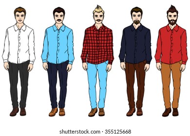 Young man in shirt and jeans. Vector man. A man with a beard. A man with a mustache. Businessmen. Hipster.