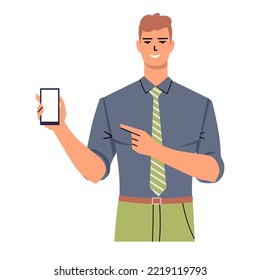 A young man in a shirt and tie points his finger at an empty mobile phone screen. Business man shows cellphone. Flat style isolated on white. Vector.