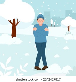 A young man shivers from the cold, hugs himself with his hands. Guy sensitive to cold freezing outdoor in the snow. Winter season.Cold Weather, Freeze. Vector illustration