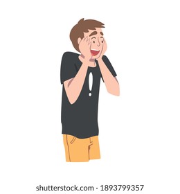 Young Man with Shocked Face Expression Holding Hands near Cheeks, Mood of People Concept, Surprised and Amazed Person Character Cartoon Style Vector Illustration