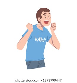 Young Man with Shocked Face Expression, Mood of People Concept, Surprised and Amazed Person Character Cartoon Style Vector Illustration