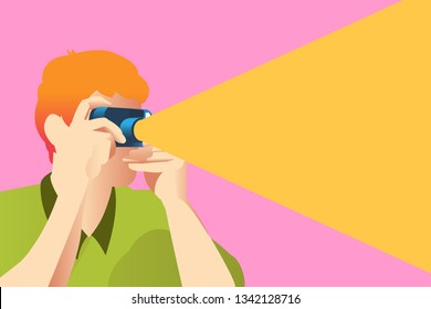 A young man shooting compact film camera. concept of travel and explorer time