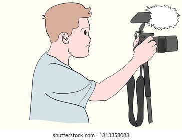 Young man shooting with DSLR and Monopod. Hand drawn style vector design illustrations