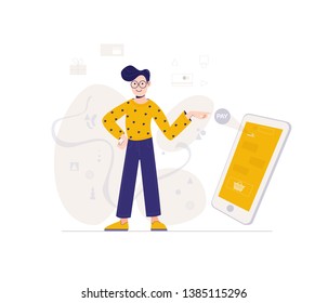 Young man shop online using smartphone. Online shopping concept. Web template. Vector illustration in flat style character design