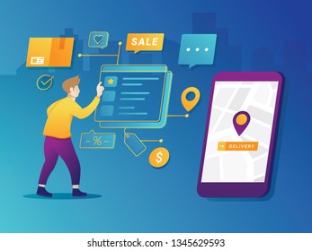 Young man shop online. Vector isometric illustration, e-commerce concept. Online shopping concept with character. Shopping online on website or mobile application. Online shopping concept illustration