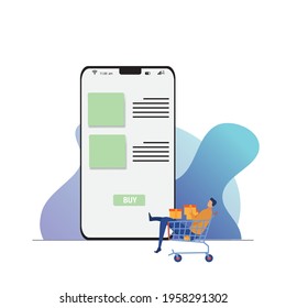 Young man with a shopping cart chooses goods on the Internet. Application for online shopping with a phone. Program for making purchases via the Internet.