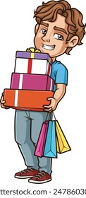 Young man shopping gifts vector illustration